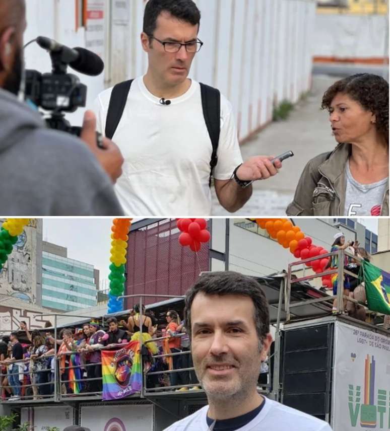 O jornalista produzindo conteúdo para futuro podcast e na Parada Gay de SP de 2022