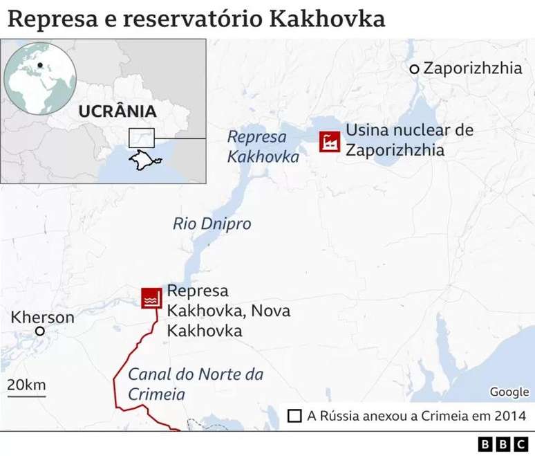 mapa que mostra o local da barragem rompida e outras regi&otilde;es pr&oacute;ximas