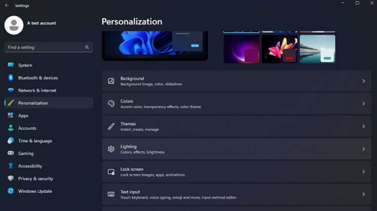 Recurso de iluminação nas configurações de personalização do Windows 11.