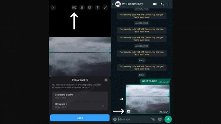 Captura de tela do envio de imagens em alta resolu&ccedil;&atilde;o (HD) no WhatsApp beta.