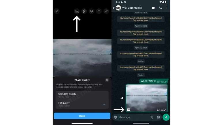 The option to send full resolution photos appears on the edit screen (Image: Playback / WABetaInfo) The option to send full resolution photos appears on the edit screen (Image: Playback / WABetaInfo)
