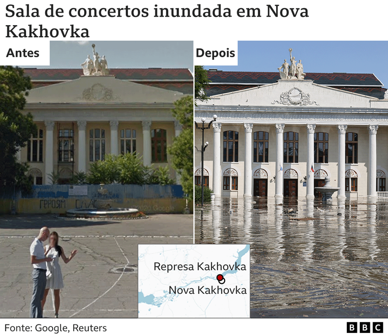 Imagens antes e depois da inundação da sala de concertos em Nova Kakhova