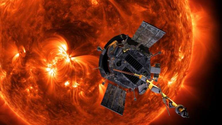 Concepção artística da espaçonave Parker Solar Probe se aproximando do sol.