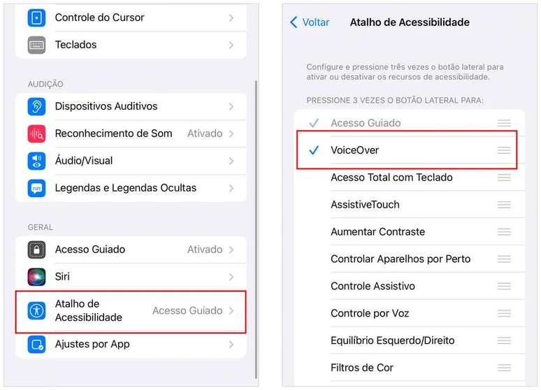 Add VoiceOver to Accessibility Shortcut (Image: Screenshot/André Magalhães/Canaltech) Add VoiceOver to Accessibility Shortcut (Image: Screenshot/André Magalhães/Canaltech)