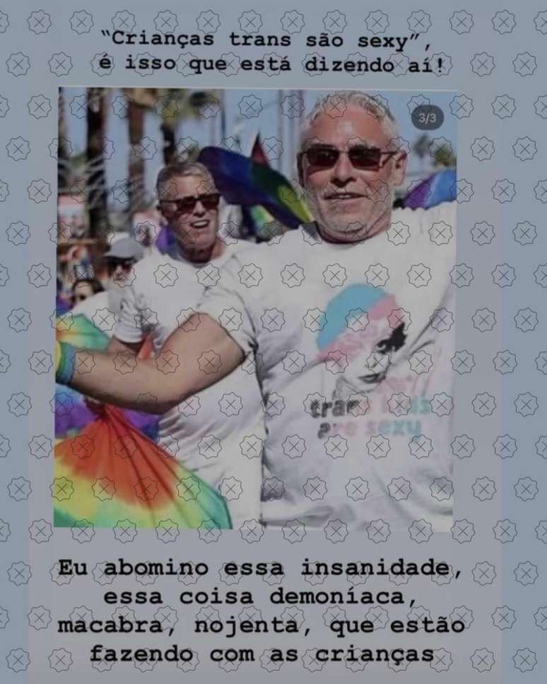 Foto de homem com camiseta contendo os dizeres “crianças trans são sexy” foi adulterada; a imagem original não contém qualquer estampa