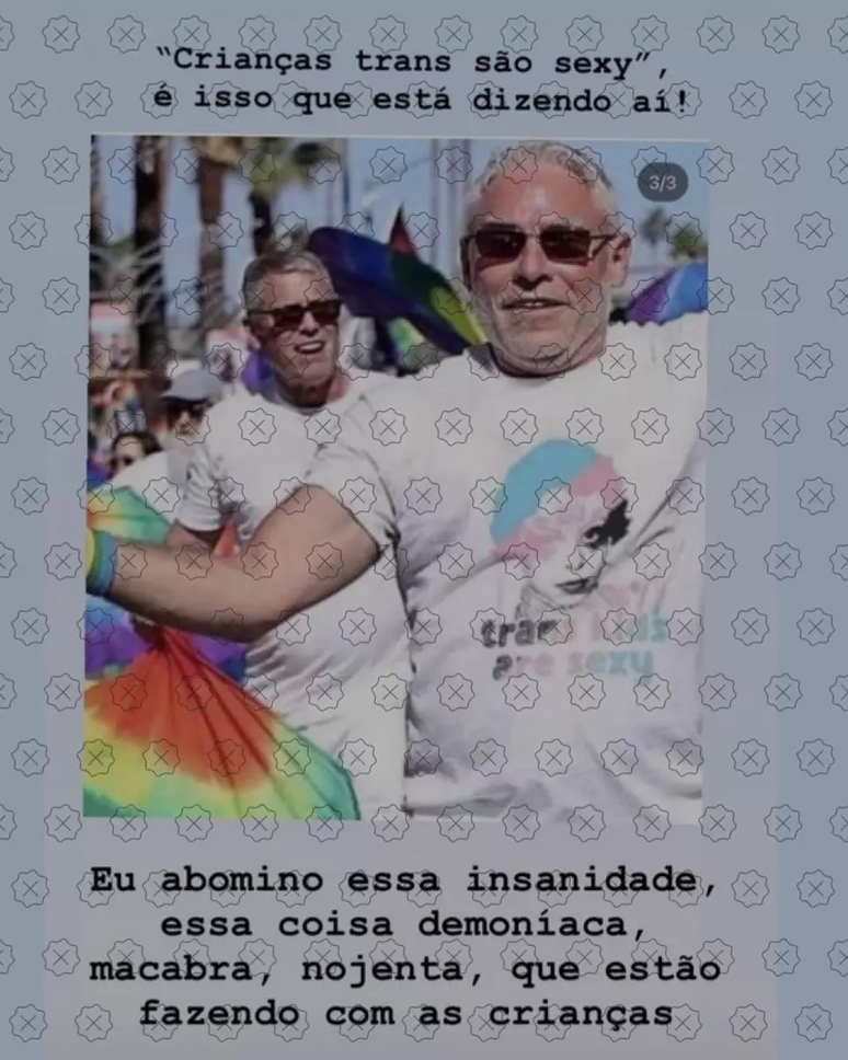 Estampa com dizeres “trans kids are sexy” foi incluída digitalmente em foto de homem com bandeira LGBTQIA+