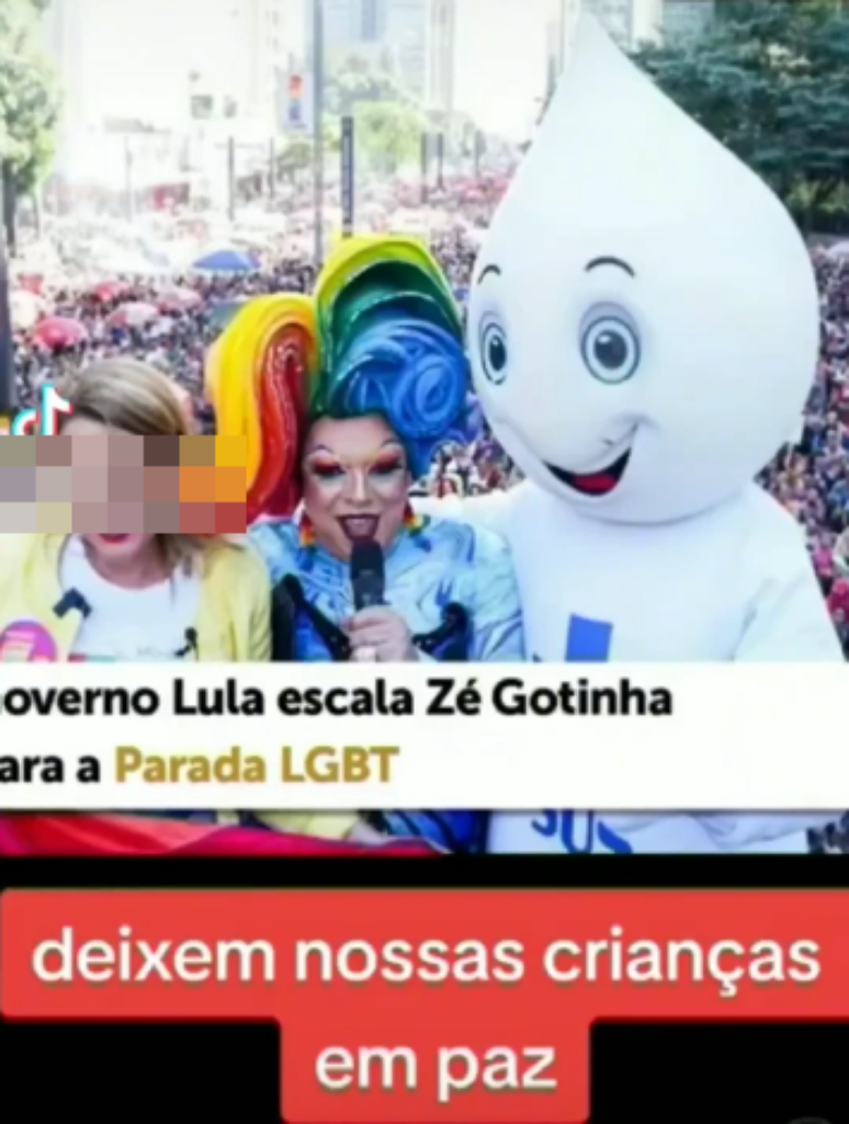 Foto mostra Zé Gotinha em cima de trio elétrico da Parada LGBTQIA+ 2023 junto da legenda “deixem nossas crianças em paz”