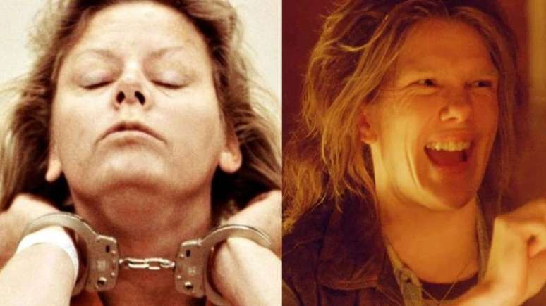 Aileen Wuornos real (à esquerda) - Divulgação / Aileen Wuornos da ficção - Reprodução