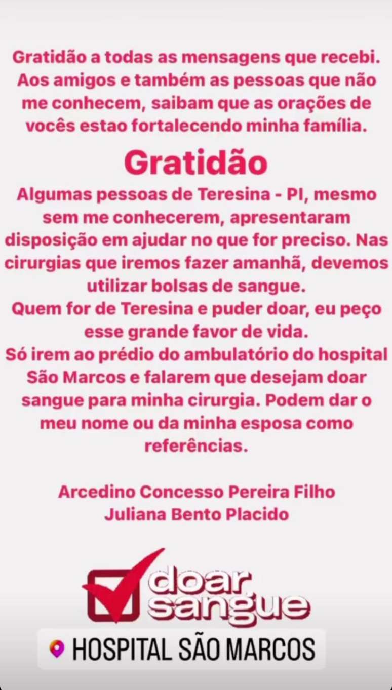 A m&eacute;dica radiologista Juliana Pl&aacute;cido publicou hoje, 13, pedido de doa&ccedil;&atilde;o de sangue para ela e marido, ambos envolvidos na queda do avi&atilde;o, em Teresina. 