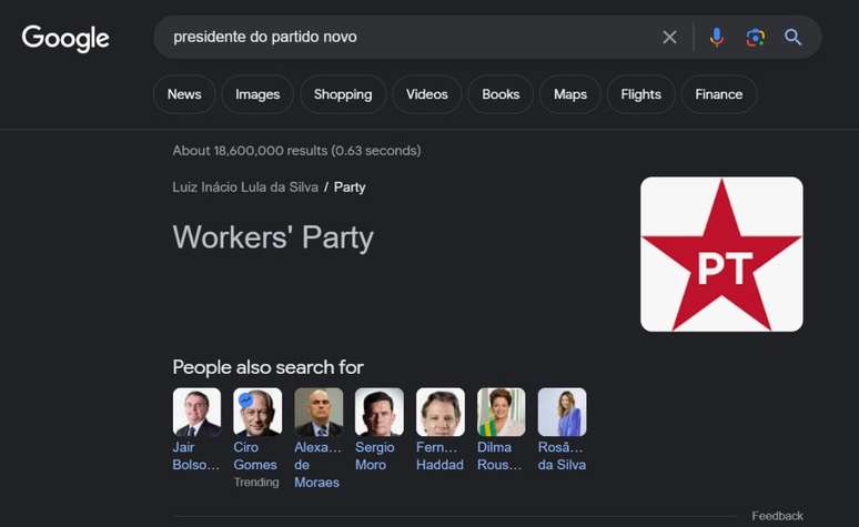 Algoritmo do Google mostra perfil do PT e indica Lula como presidente do Novo