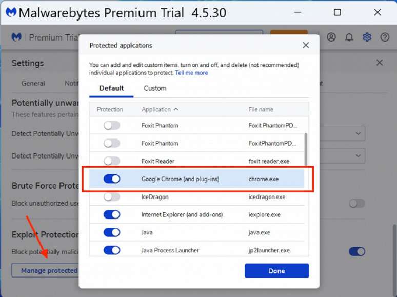 Desativando a proteção do Google Chrome no app Malawrebytes para conseguir abrir o navegador no Windows 11 após a atualização (KB5027231) de junho de 2023.