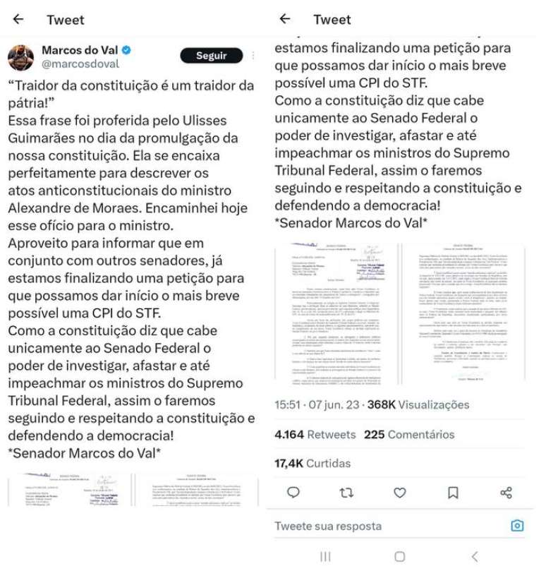 Marcos do Val comparou o que chamou de “atos anticonstitucionais do ministro Alexandre de Moraes” a uma “traição da pátria”