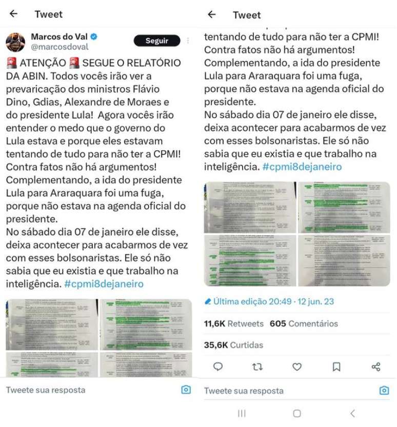 Marcos do Val publicou, no Twitter, um trecho do que seria um relatório da Agência Brasileira de Inteligência (Abin)