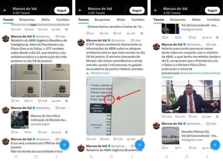 Marcos do Val compartilhou publicações que continham supostos recortes de relatórios da Abin