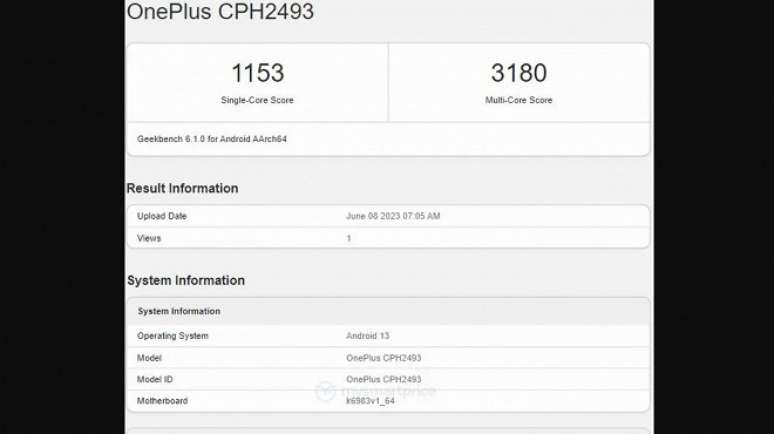 Teste do OnePlus Nord 3 no Geekbench.