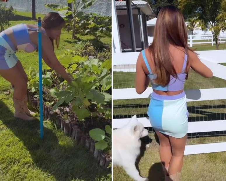 Nicole Bahls colhendo couve para suas aves