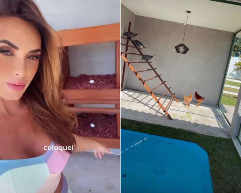 Nicole Bahls mostra o galinheiro que tem em casa