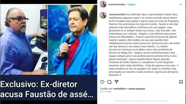 O post de Mario Meirelles no Instagram em defesa de Faustão