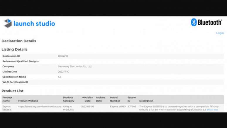 Certifica&ccedil;&atilde;o do processador Exynos W930 (S5E5515) no site do Bluetooth SIG.