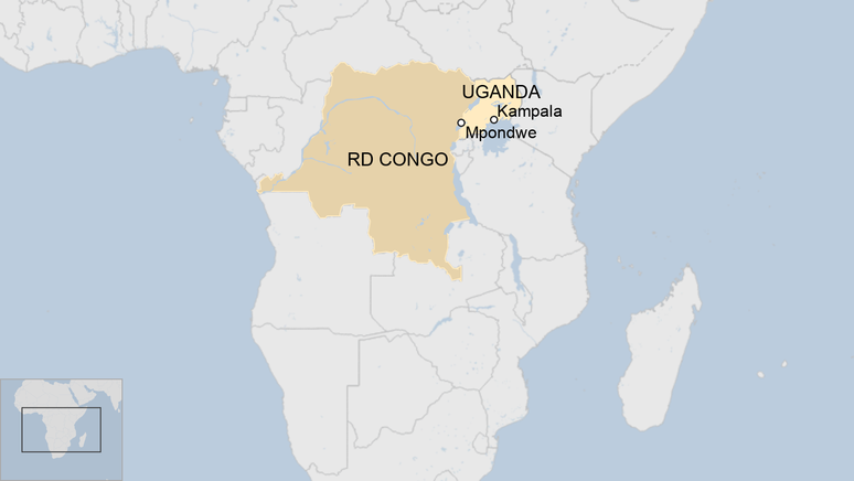 Mapa mostra localização de Uganda e RDC