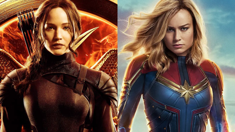 Jennifer Lawrence como Katniss Everdeen em Jogos Vorazes; Brie Larson como Capitã Marvel.