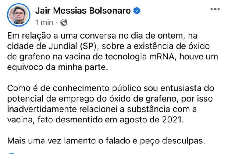 Bolsonaro recua e pede desculpas após espalhar informação falsa sobre grafeno em vacinas.