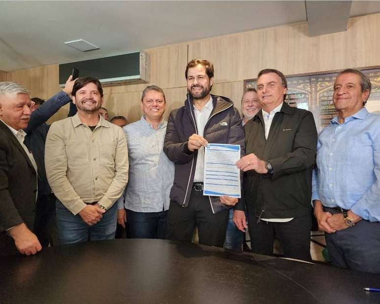 Filiação do prefeito de Jundiaí Luiz Fernando Machado ao PL, com presença do deputado estadual André do Prado (PL-SP), governador Tarcísio de Freitas (Republicanos), ex-presidente Jair Bolsonaro (PL) e presidente do PL Valdemar Costa Neto