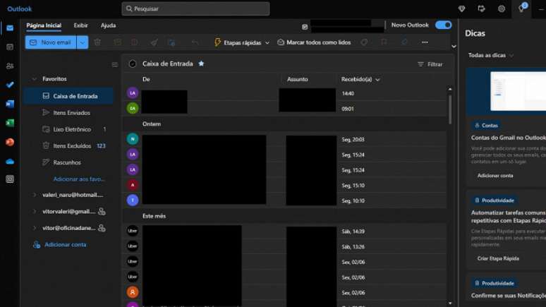 Captura de tela do novo aplicativo do Outlook para Windows.