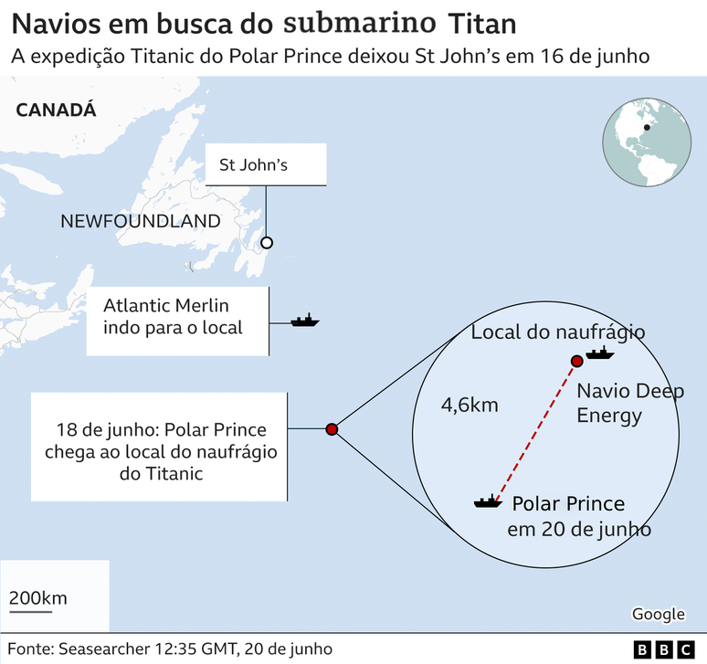 A Guarda Costeira americana informou que um navio de pesquisa chamado Polar Prince havia realizado uma busca na superfície na noite de segunda-feira