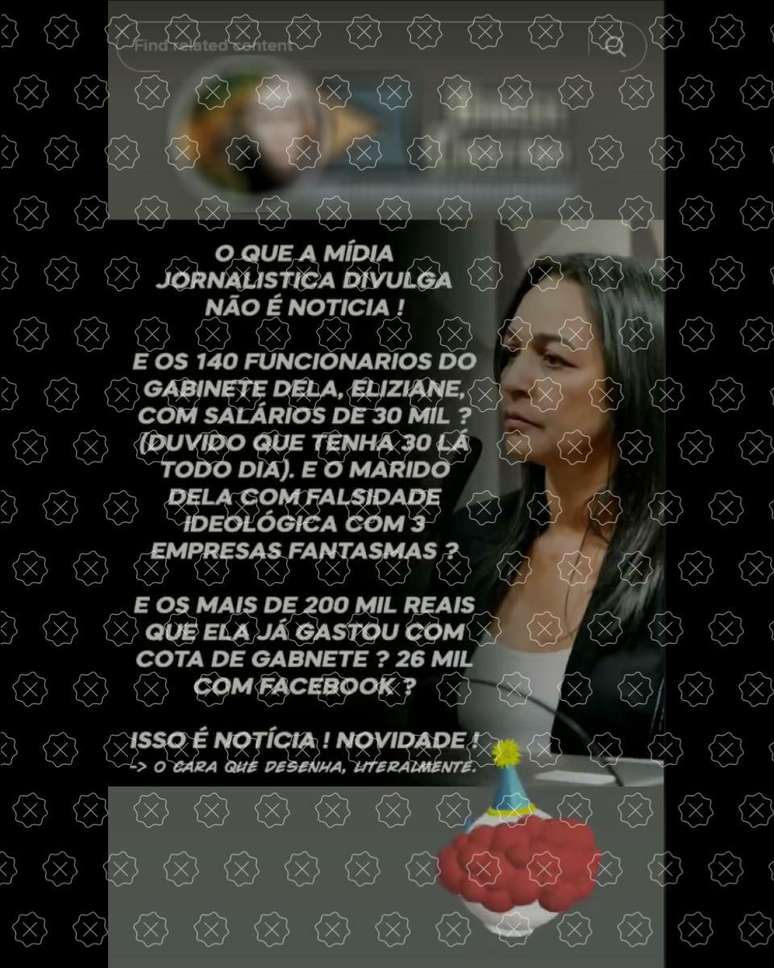 Imagem combina foto de Eliziane Gama com texto que diz, de maneira falsa, que ela mantém 140 funcionários em seu gabinete e que gastou R$ 26 mil em impulsionamento de conteúdo no Facebook