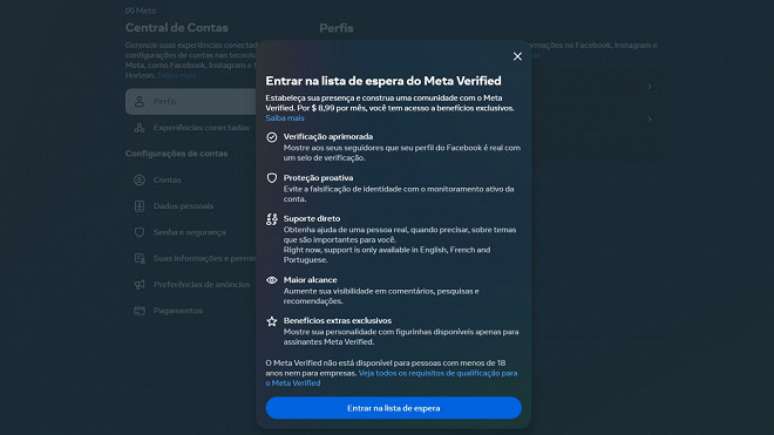 Lista de espera na web para assinar e ganhar o selo Meta Verified.