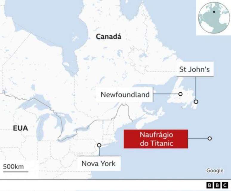 Mapa mostra diferentes pontos no mapa, com cidades nos EUA e Canadá e ponto de naufrágio do Titanic