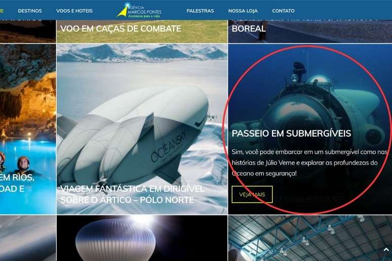 Foto do submarino OceanGate foi usada em material de divulgação no site