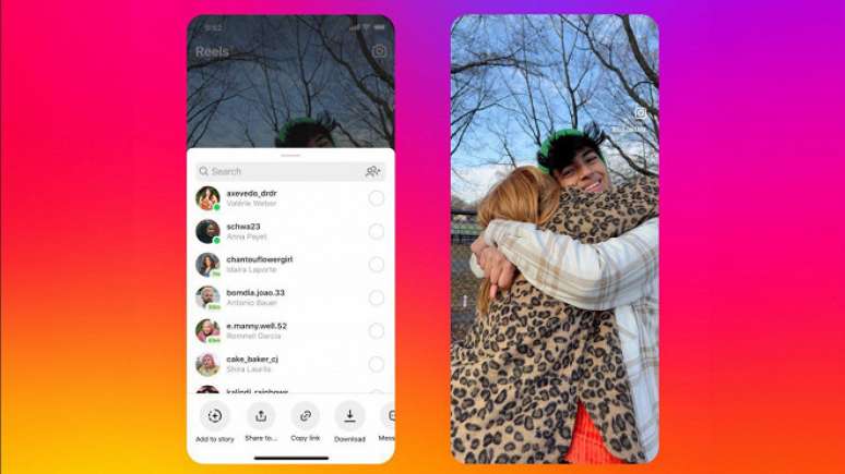 Demonstra&ccedil;&atilde;o do compartilhamento de um Reels baixado de outra conta no Instagram.