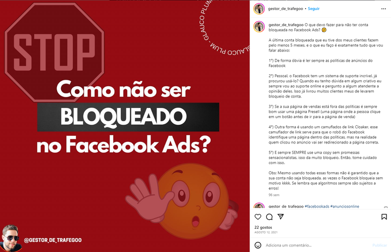 Imagem com fundo vermelho e a pergunta &ldquo;Como n&atilde;o ser bloqueado no Facebook Ads?&rdquo; sobre desenhos de uma placa de Stop e um smile amarelo com a m&atilde;o sinalizando &ldquo;pare&rdquo;. Ao lado, post do Instagram compartilha dicas para a publica&ccedil;&atilde;o de an&uacute;ncios irregulares.
