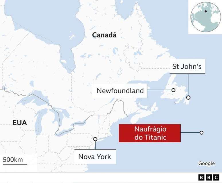 Mapa mostra onde está localizado o naufrágio do Titanic