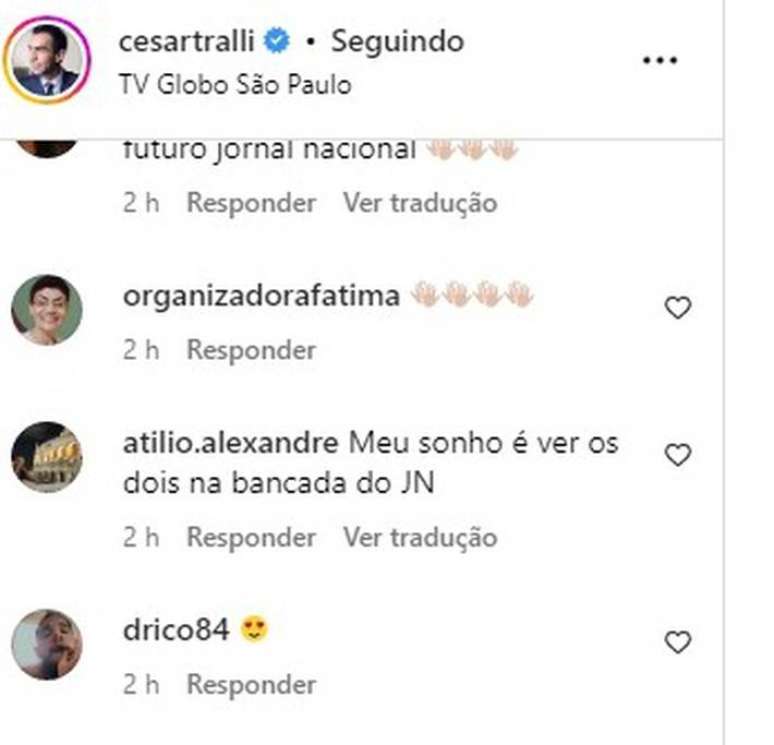 Comentários dos seguidores de Cezar Tralli no Instagram