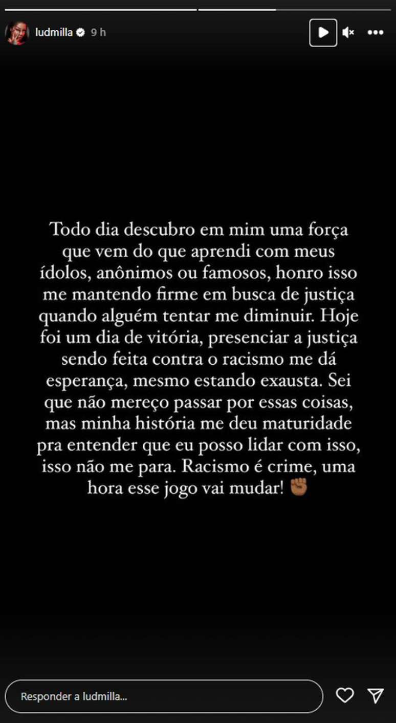 Ludmilla comemora vitória em processo contra Marcão do Povo: ‘Justiça sendo feita contra racismo’