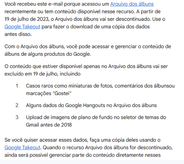 Email sent by Google informing you of the end of the album archive Email sent by Google informing you of the end of the album archive