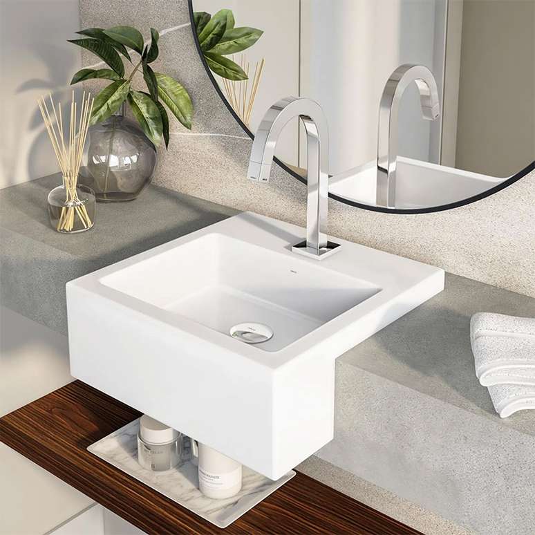 Cubas de semi-encaixe s&atilde;o muitos utilizadas em espa&ccedil;os compactos, mas isso n&atilde;o &eacute; uma regra &ndash; Foto: Divulga&ccedil;&atilde;o Deca