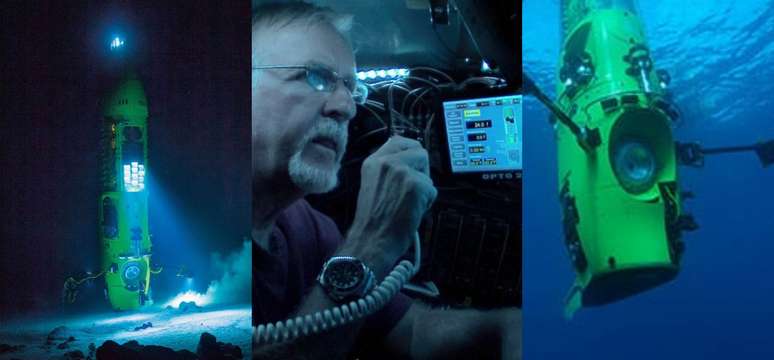 James Cameron a bordo do submersível que idealizou para explorar uma das áreas mais remotas dos oceanos