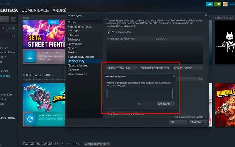 Connect the mobile with Steam Link to your Steam account (Image: Screenshot/André Magalhães/Canaltech) Connect the mobile with Steam Link to your Steam account (Image: Screenshot/André Magalhães/Canaltech)