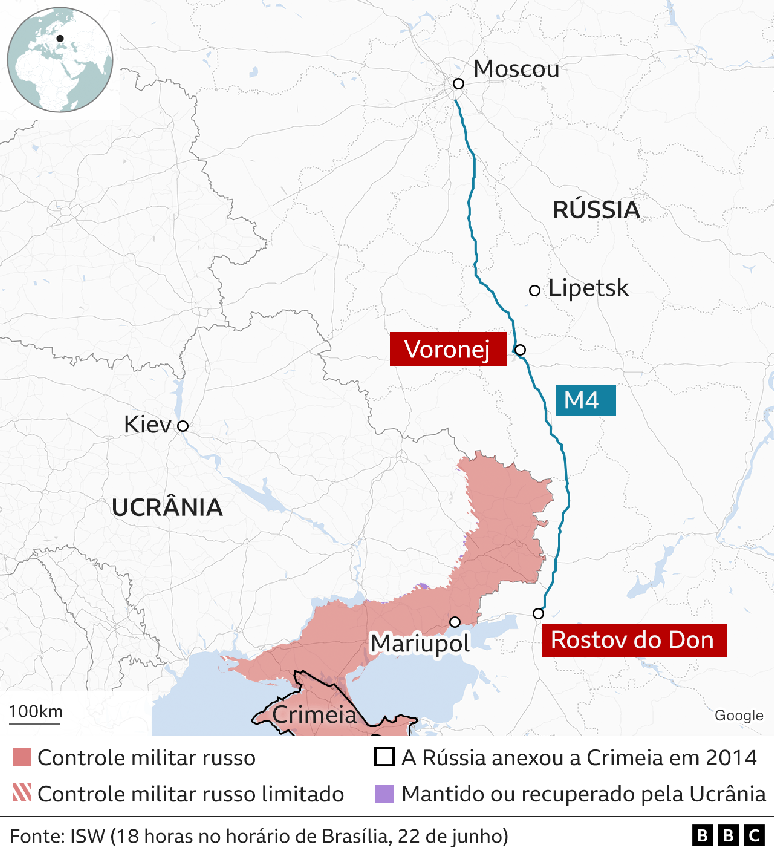 Gráfico que mostra trecho percorrido por grupo de mercenários na Rússia