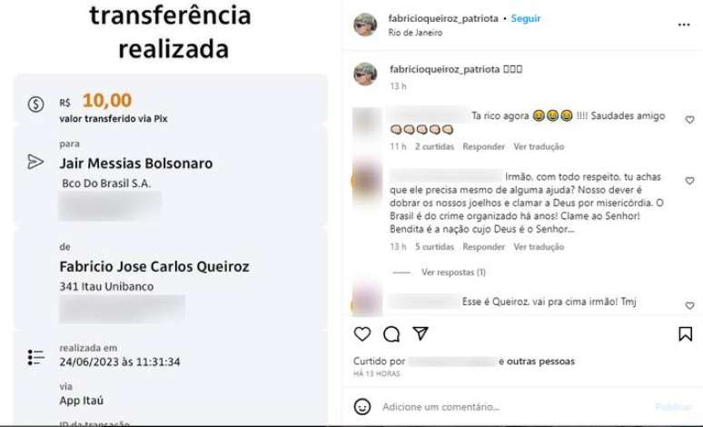 Fabrício Queiroz transfere R$ 10 para Bolsonaro via Pix