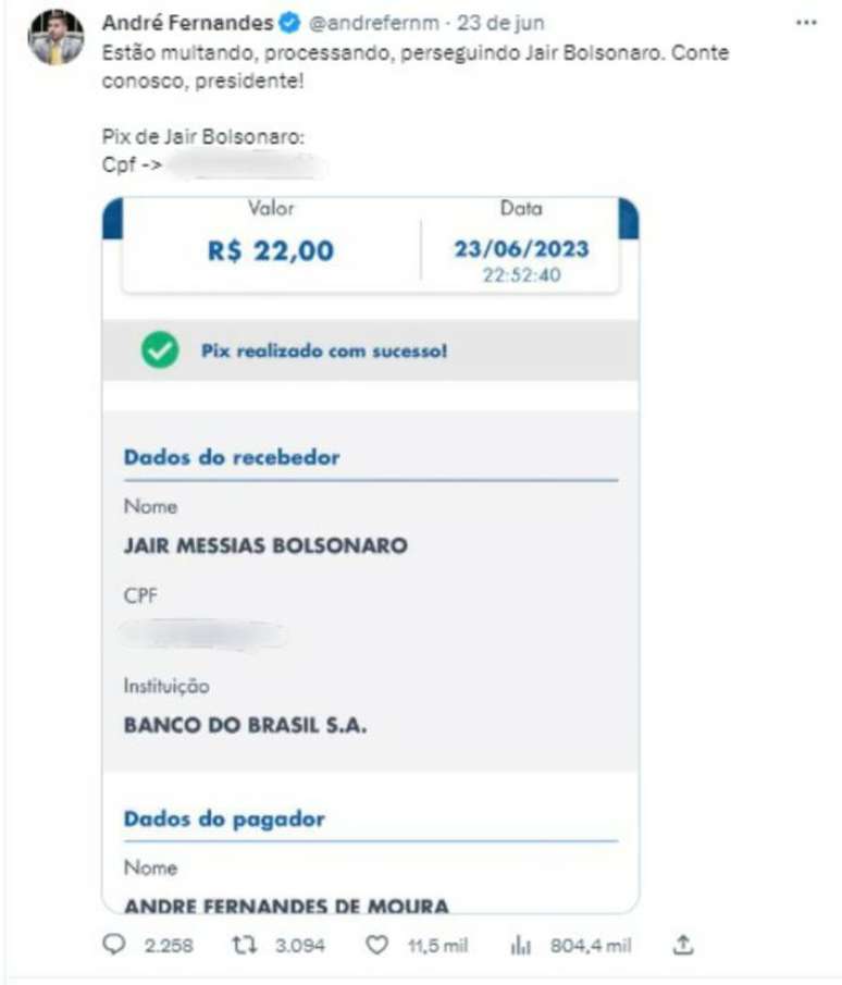 Integrante da CPMI do 8/1 e vice-l&iacute;der do PL na C&acirc;mara, o deputado Andr&eacute; Fernandes doou R$ 22 para vaquinha a Bolsonaro