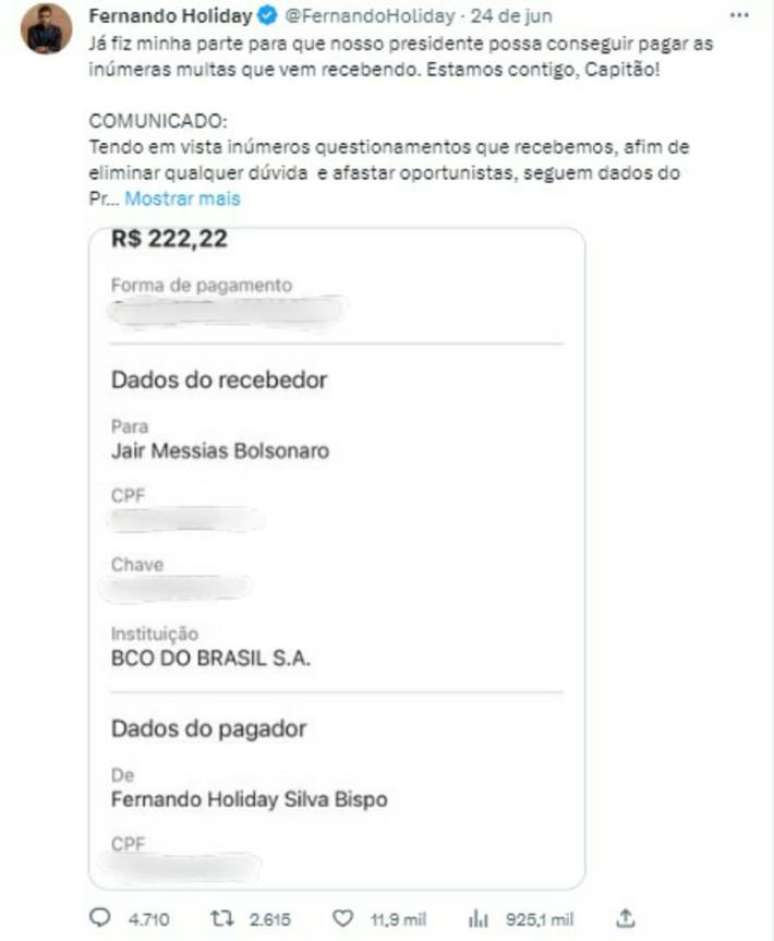 Vereador de S&atilde;o Paulo, Fernando Holiday divulga transfer&ecirc;ncia banc&aacute;ria de doa&ccedil;&atilde;o para vaquinha do ex-presidente Bolsonaro