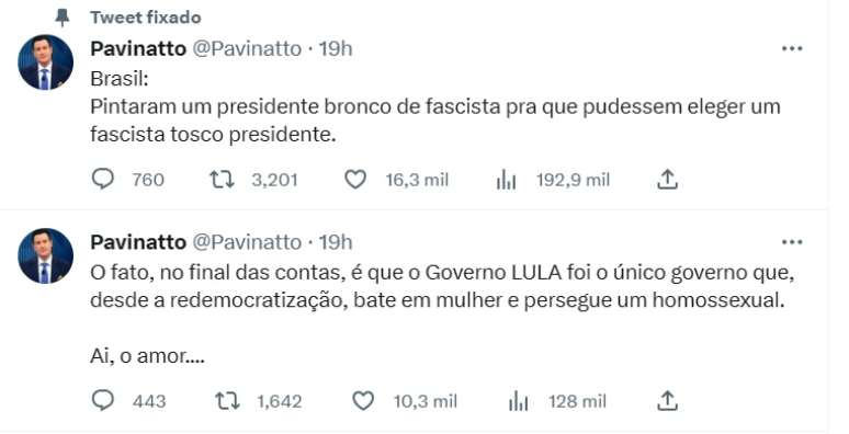 Os tuítes revoltados de Pavinatto contra o presidente Lula e a ação da AGU
