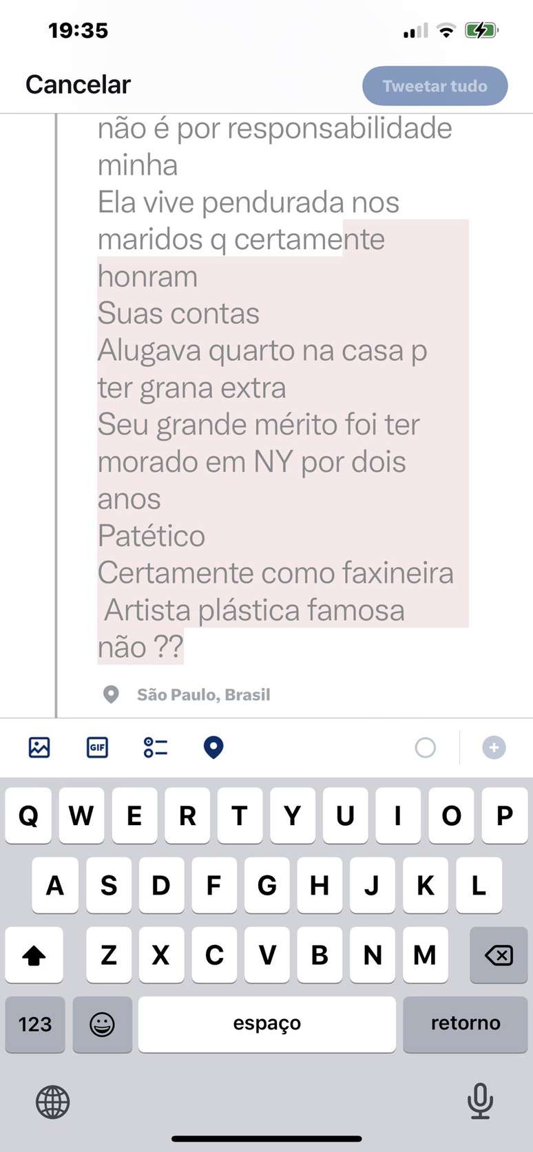 Mensagem enviada por Wilma para a repórter Mônica Bergamo. 