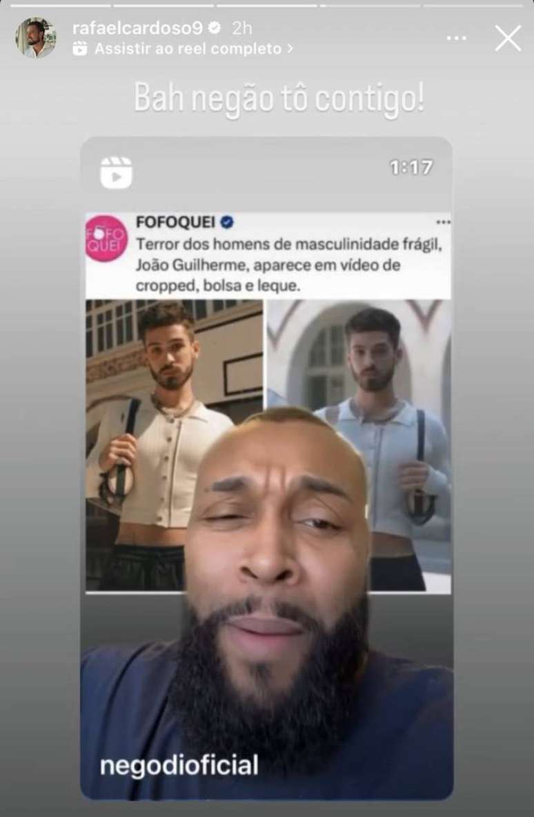 Rafael Cardoso publicou um vídeo de Nego Di zombando do ator João Guilherme e foi acusado de homofobia.