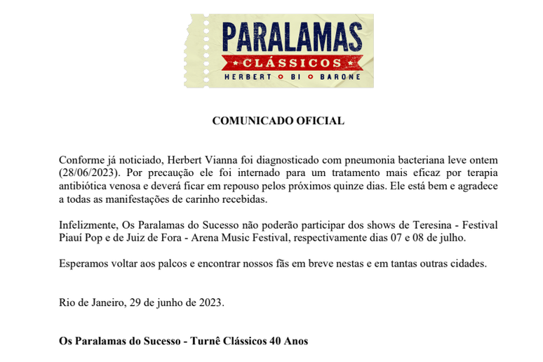 Herbert Vianna, da banda brasileira ' Os Paralamas do Sucesso',  ficará afastado dos palcos. 